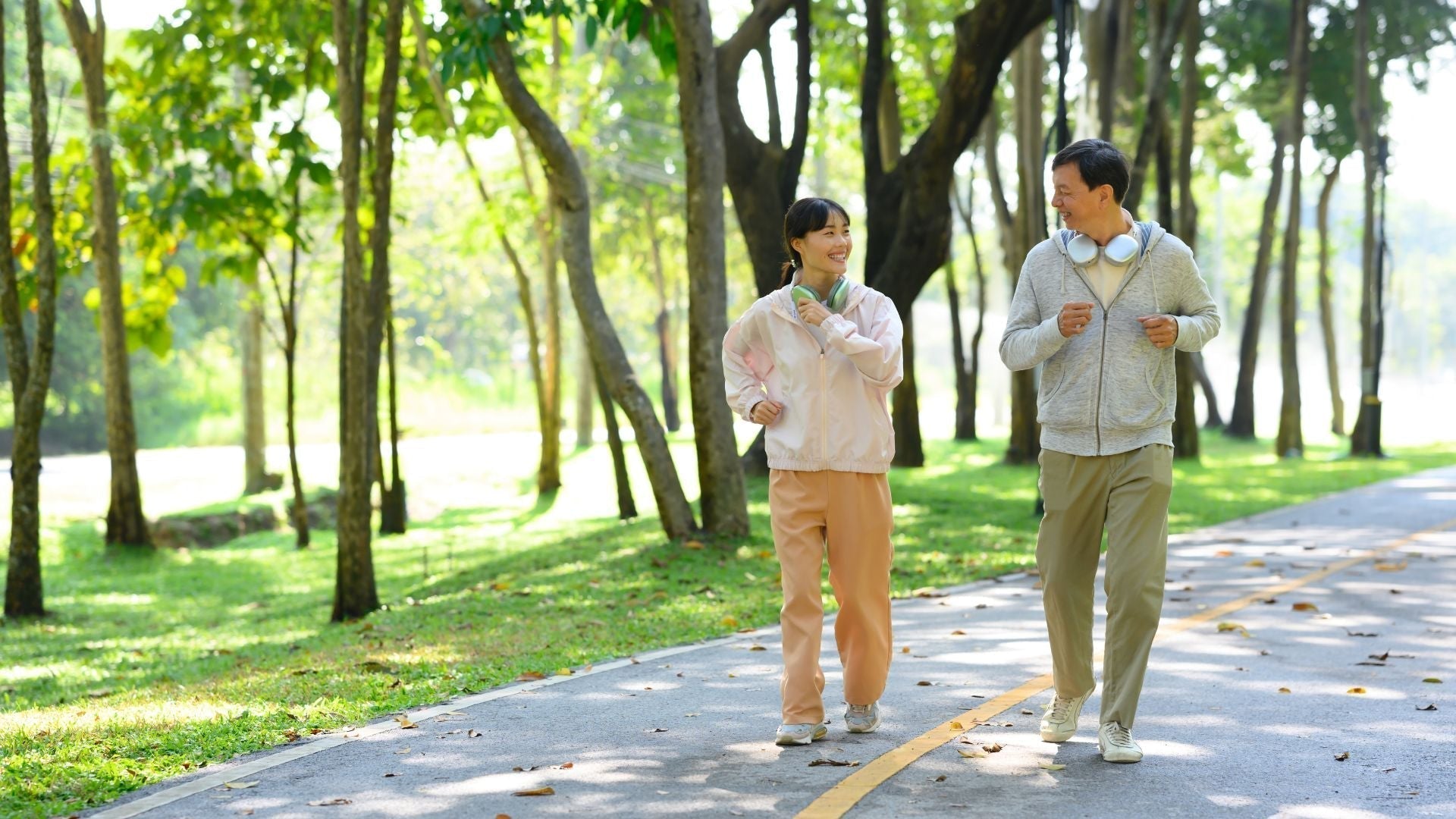 Middle-aged men in vibrant life scenes: morning runs, work, family time