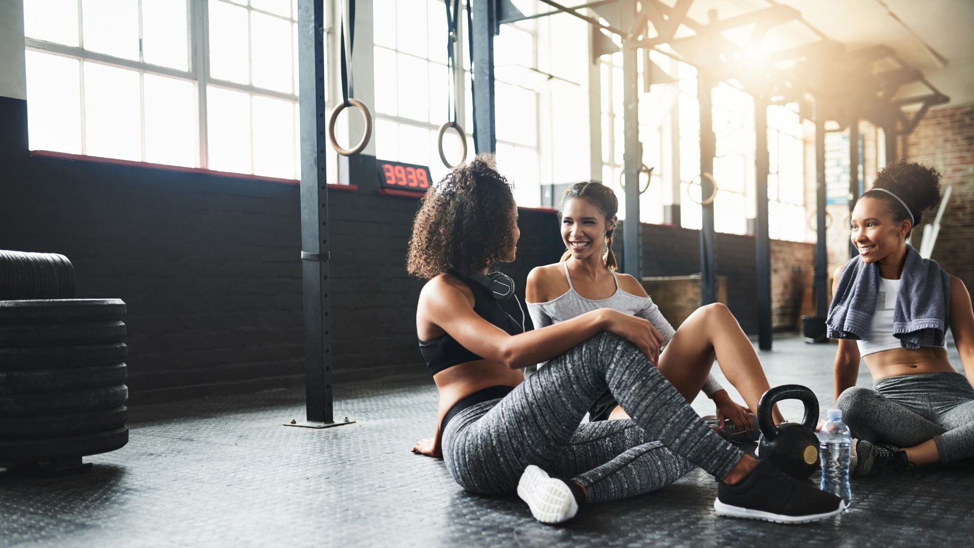 Post-workout relaxation scenes in gym or outdoor recovery moments